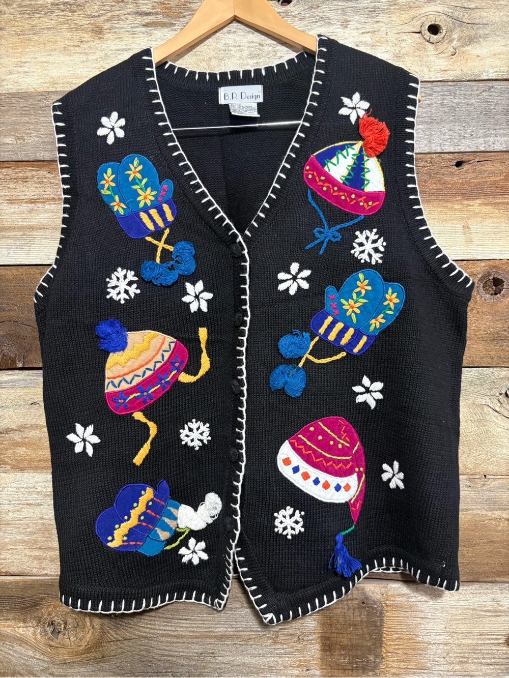 Black Embroidered Winter Hat & Mitten Sweater Vest